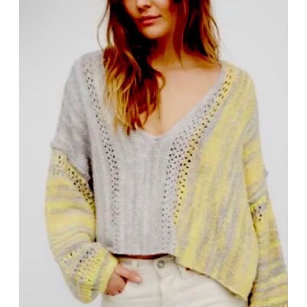 Free People Amethyst Marled Oversized Chunky Knit Sweater Size S Yellow/Gray